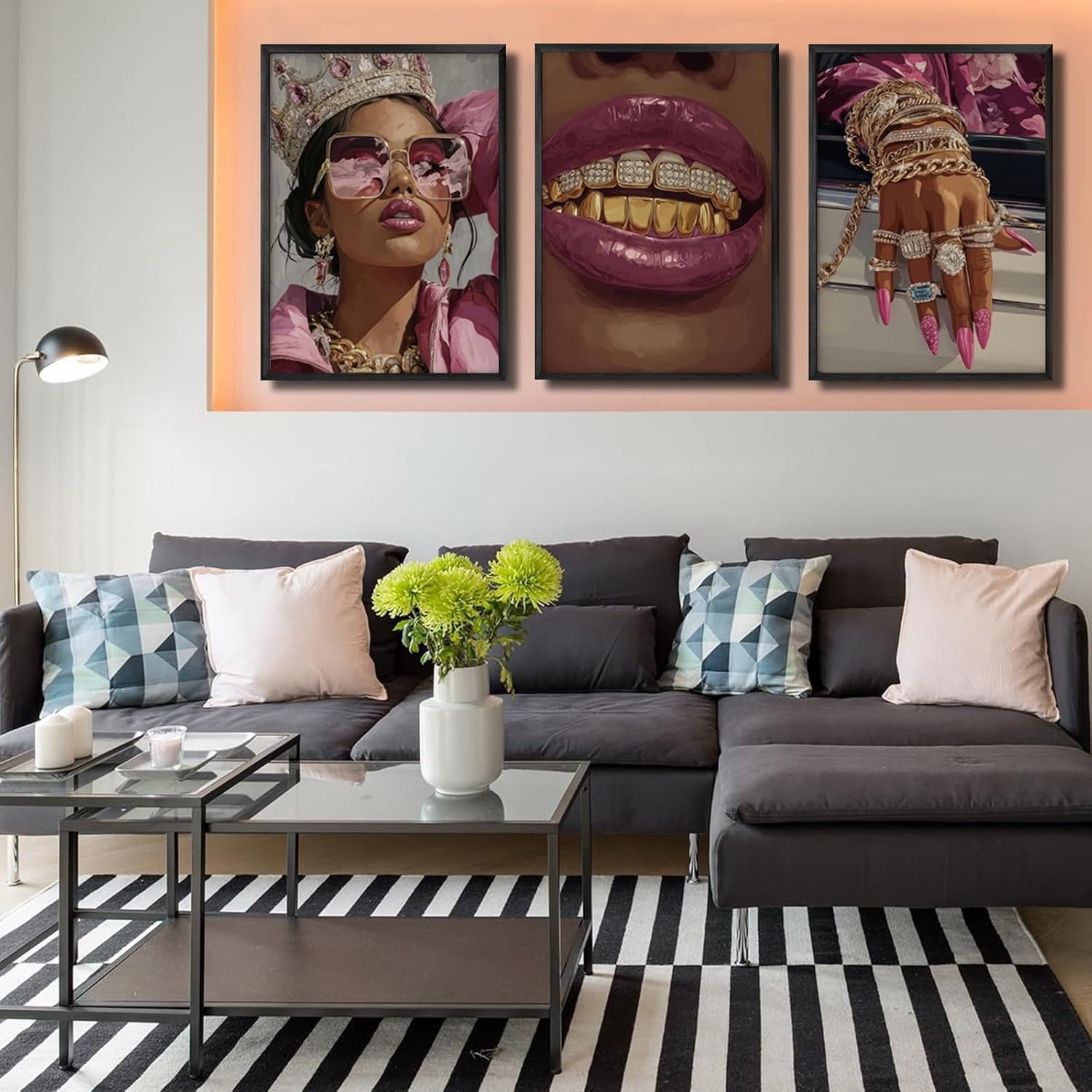 3 Pcs Unframed Pink Black Girl Wall Art Luxury African American Wall Decor Pictures Modern Fashion Woman Room Canvas Poster Prints for Home Bedroom Living Bathroom Decorations
