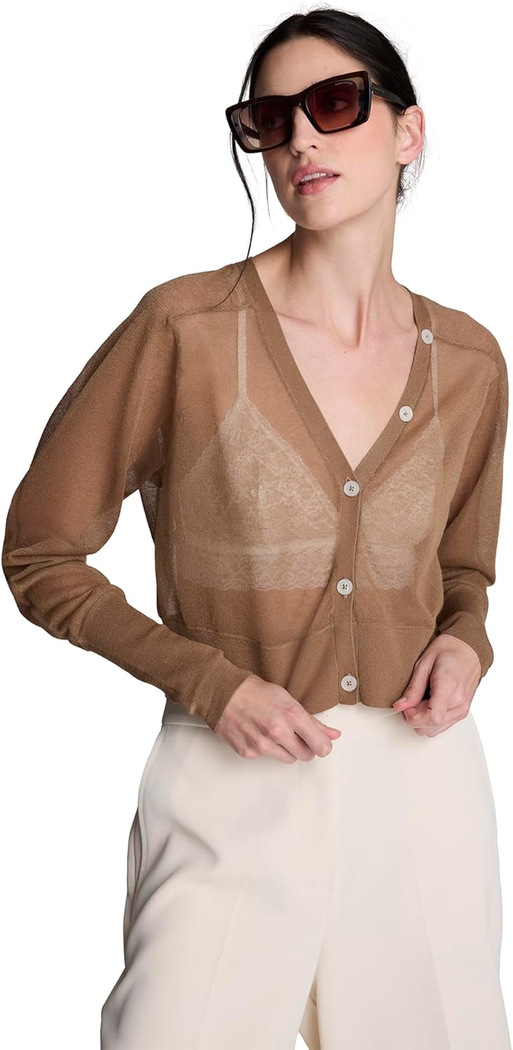 Kenneth Cole Women's Long Sleeve Sheer Cropped Cardigan Sweater