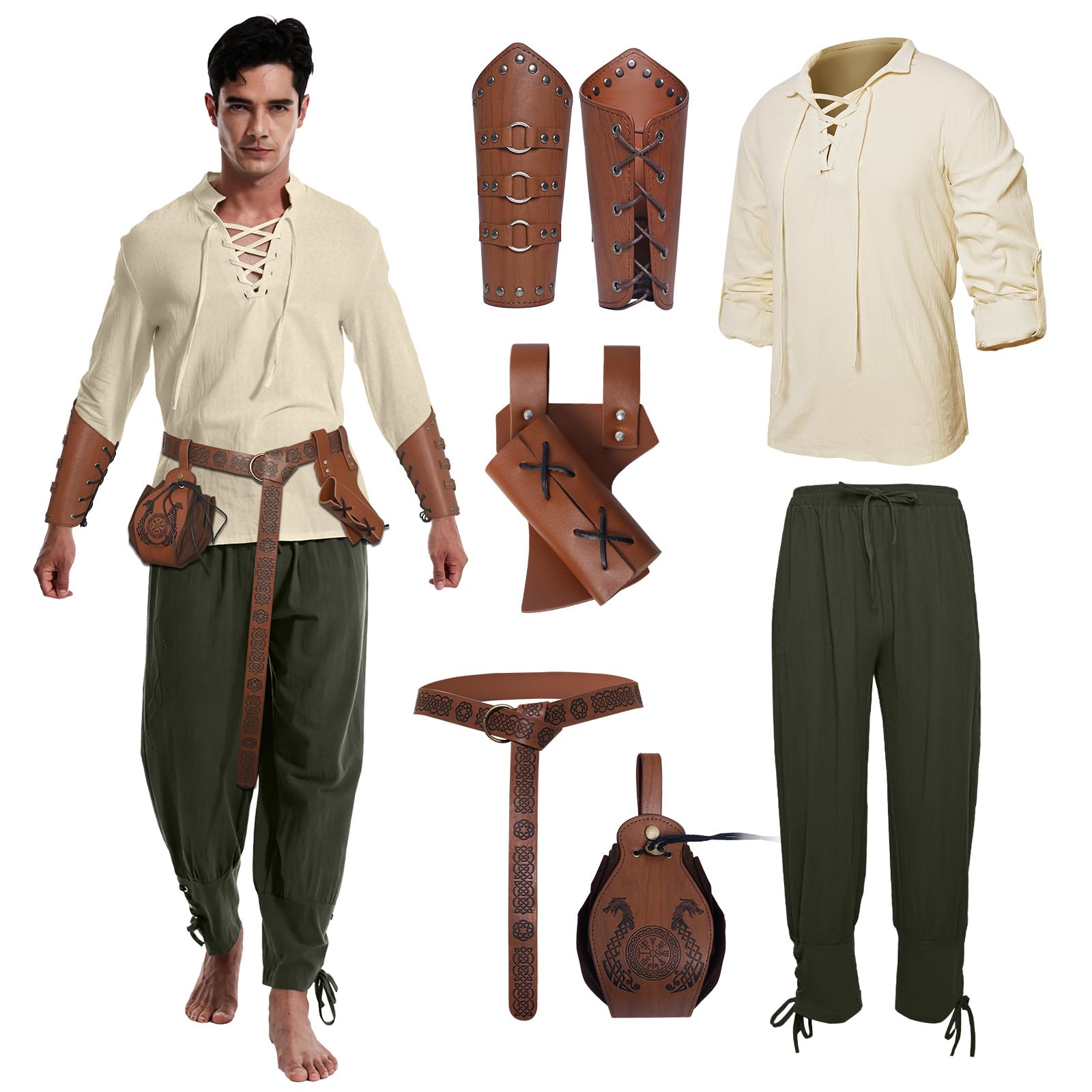 Costume da uomo medievale, set da 6 pezzi, con pirata medievale, top e pantaloni/braccia/cintura/borsa per monete d'oro da pirata/borsa per spada.