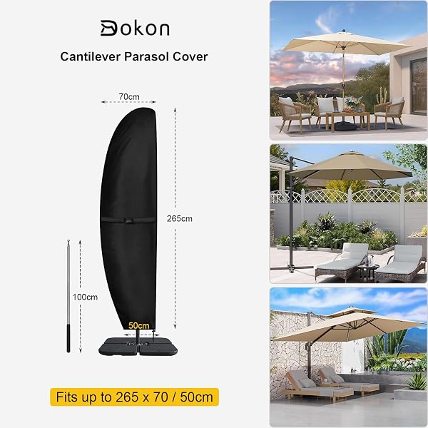 Dokon Housse Parasol Deporte Imperméable Housse de Protection pour Parasol Déporté de 3m à 4m, Résistant au Vent, Anti-UV Tissu Oxford 420D Bache Parasols avec Tige (265x70/50cm) - Noir - 2