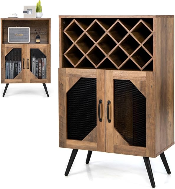 COSTWAY Sideboard with Removable Wine Rack, 2 Mesh Door Wine Cabinet with Built-in Glass Holders & Anti-Tipping Devices, Drinks Storage Cupboard Organizer for Home Kitchen (59x35x95cm, 2 Mesh Door)
