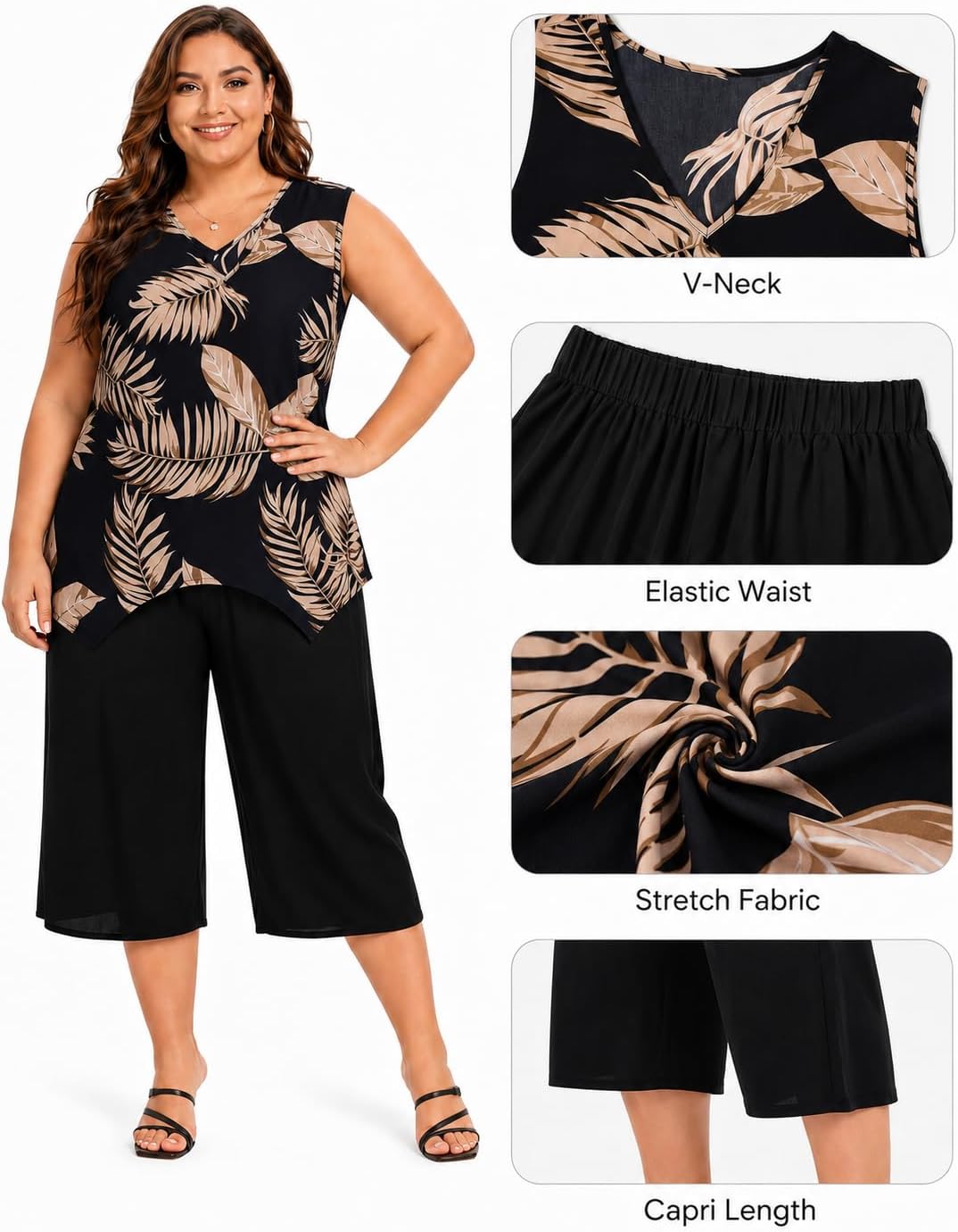WILDPARTY Plus Size 2 Piece Outfits for Women Sleeveless Floral Top and Capri Pants Set Casual Summer Matching