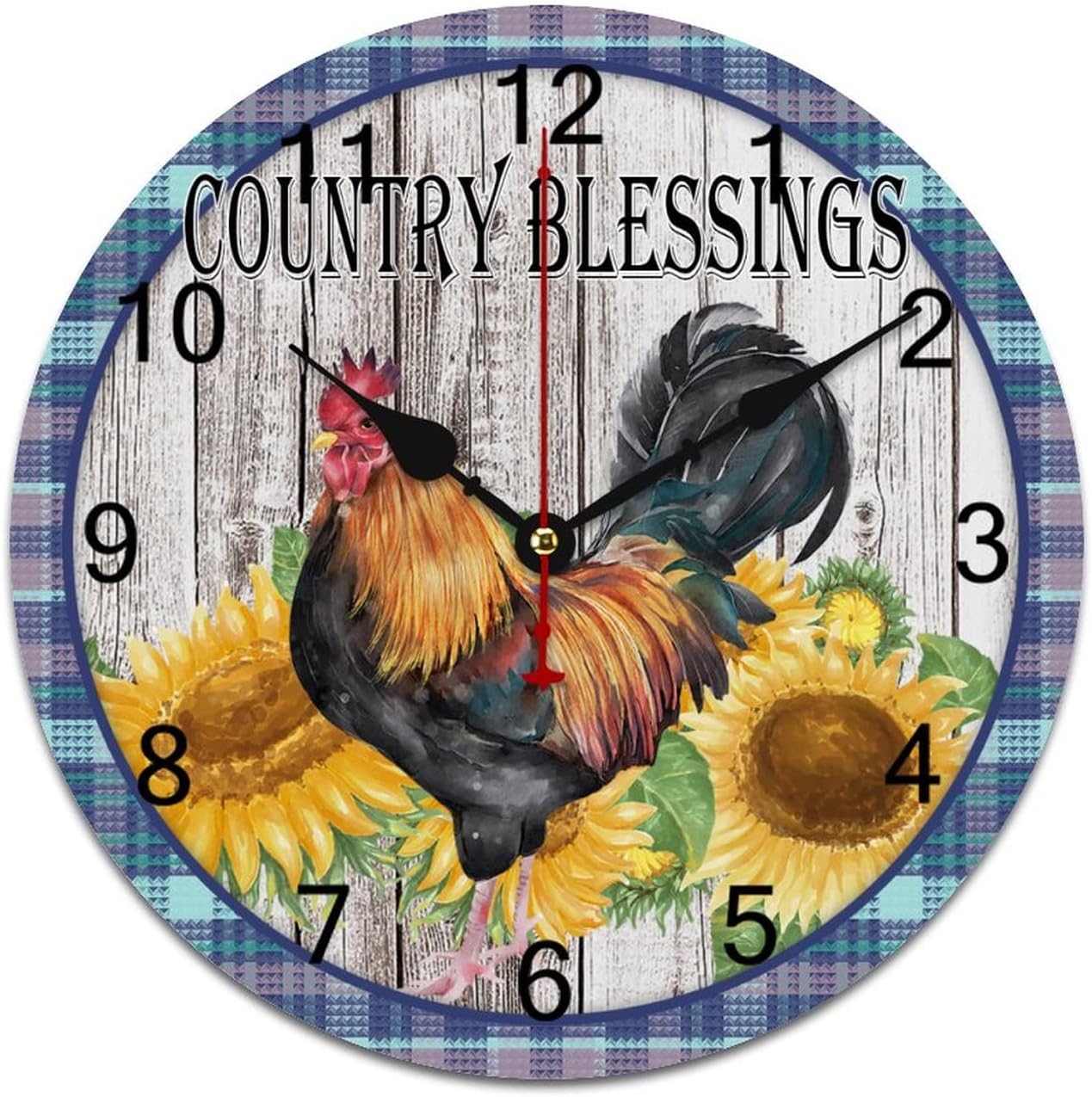Vintage Rooster Sunflower Wall Clock Country Blessing Hanging Quiet Non-Ticking Battery Operated Decorative Modern Round Wall Clock for Living Room Bedroom Kitchen Office 12 Inch