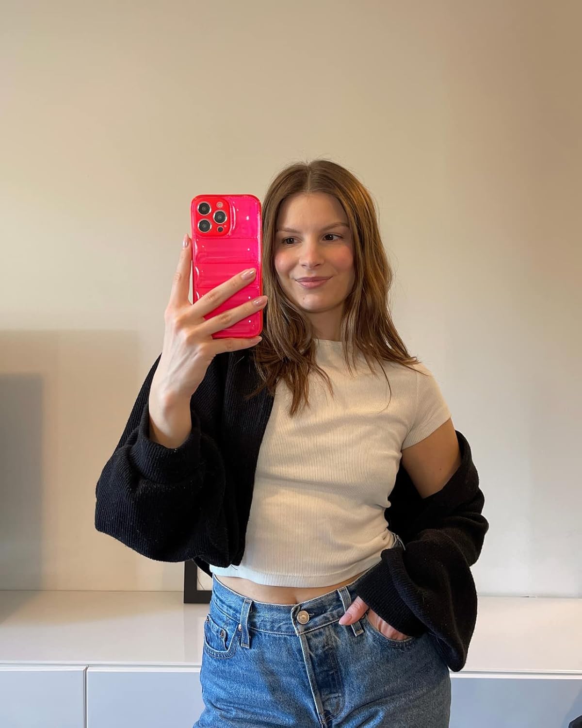 FELONY CASE for iPhone 14 - Neon Pink Puffer Case, Clear Cushioned Bright Cover with Shockproof Bumper - Flexible and Lightweight Protective Case