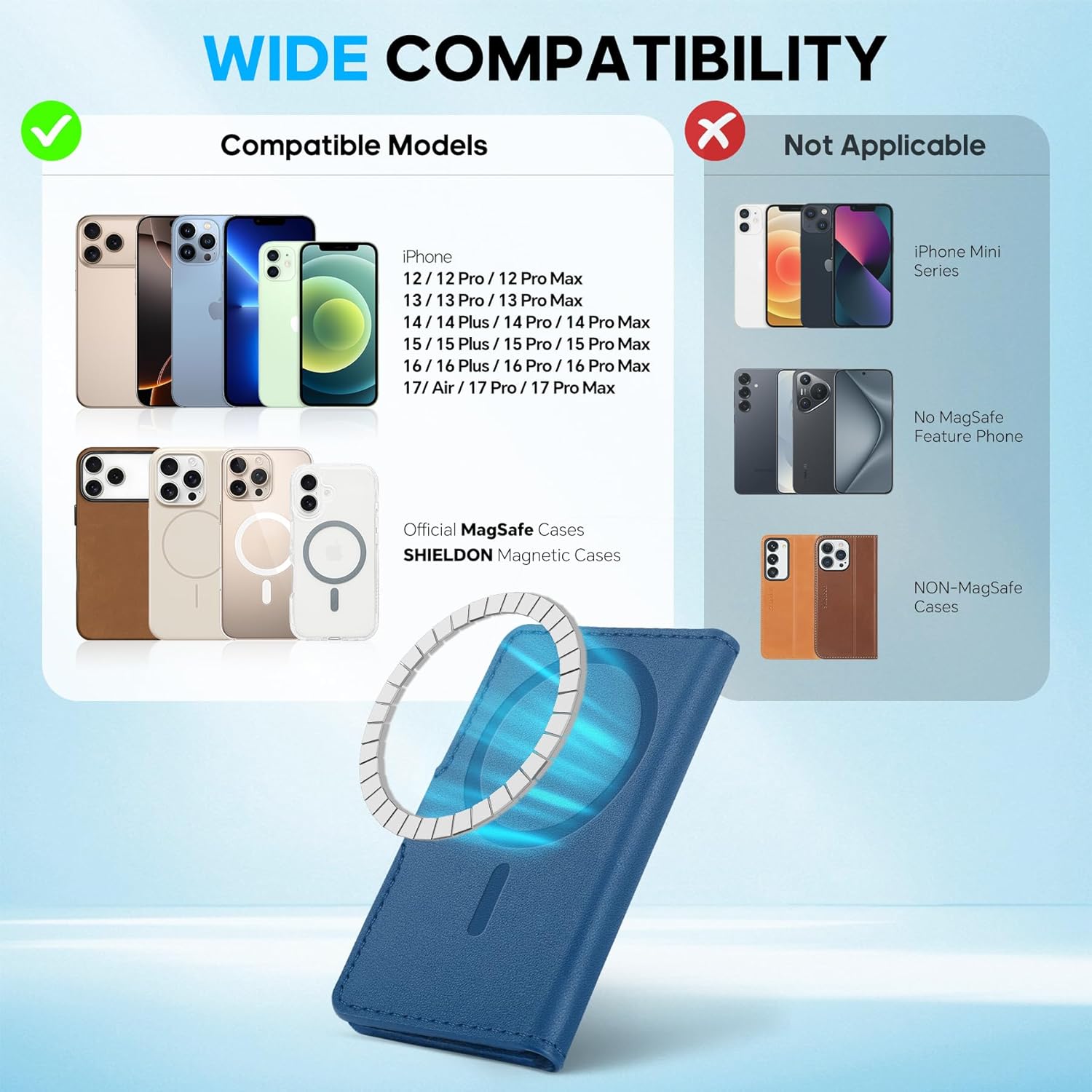 SHIELDON Genuine Leather Magnetic Wallet Compatible with MagSafe - RFID Blocking, 6 Card Slots, Slim Card Holder for iPhone 17/16/15/14/13/12 Series - Nappa Royal Blue - Image 8