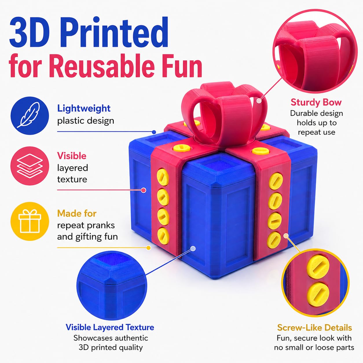 3.14" Annoying Gift Box, The Annoying Present, Prank Box with Screw, 3D Printed Annoying Gift Box, 3D Printed Hilarious Money Card Container (Blue Box with Red)