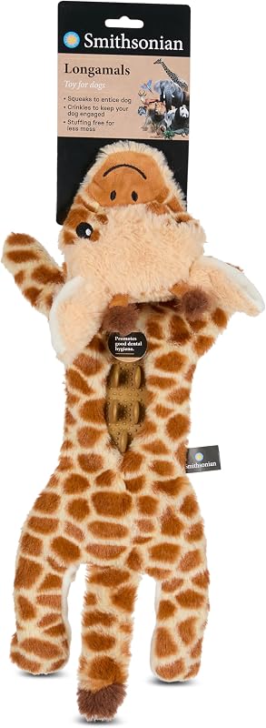 Smithsonian Longamals Giraffe Plush Dog Toy – 20" Crinkle & Squeaky, Stuffing-Free Interactive Tug Toy for Medium & Large Dogs