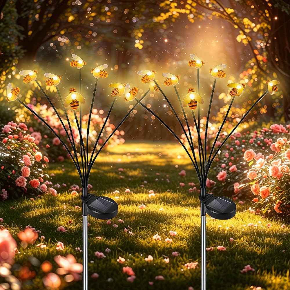 SKIKHN 2-Pack Bee Solar Lights Outdoor Garden, 16-LED Solar Garden Lights Outdoor Waterproof, Honey Bee Fairy String Lights, Solar Honey Bee String Lights for Pathway Balcony Fence Decoration