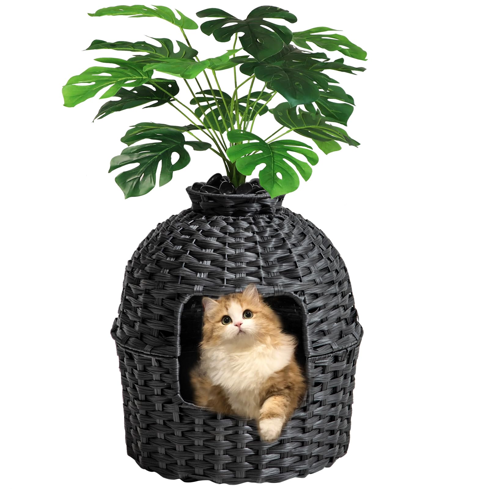 SETVSON Cat Litter Box Plant Furniture Enclosure, PE Rattan House, Black