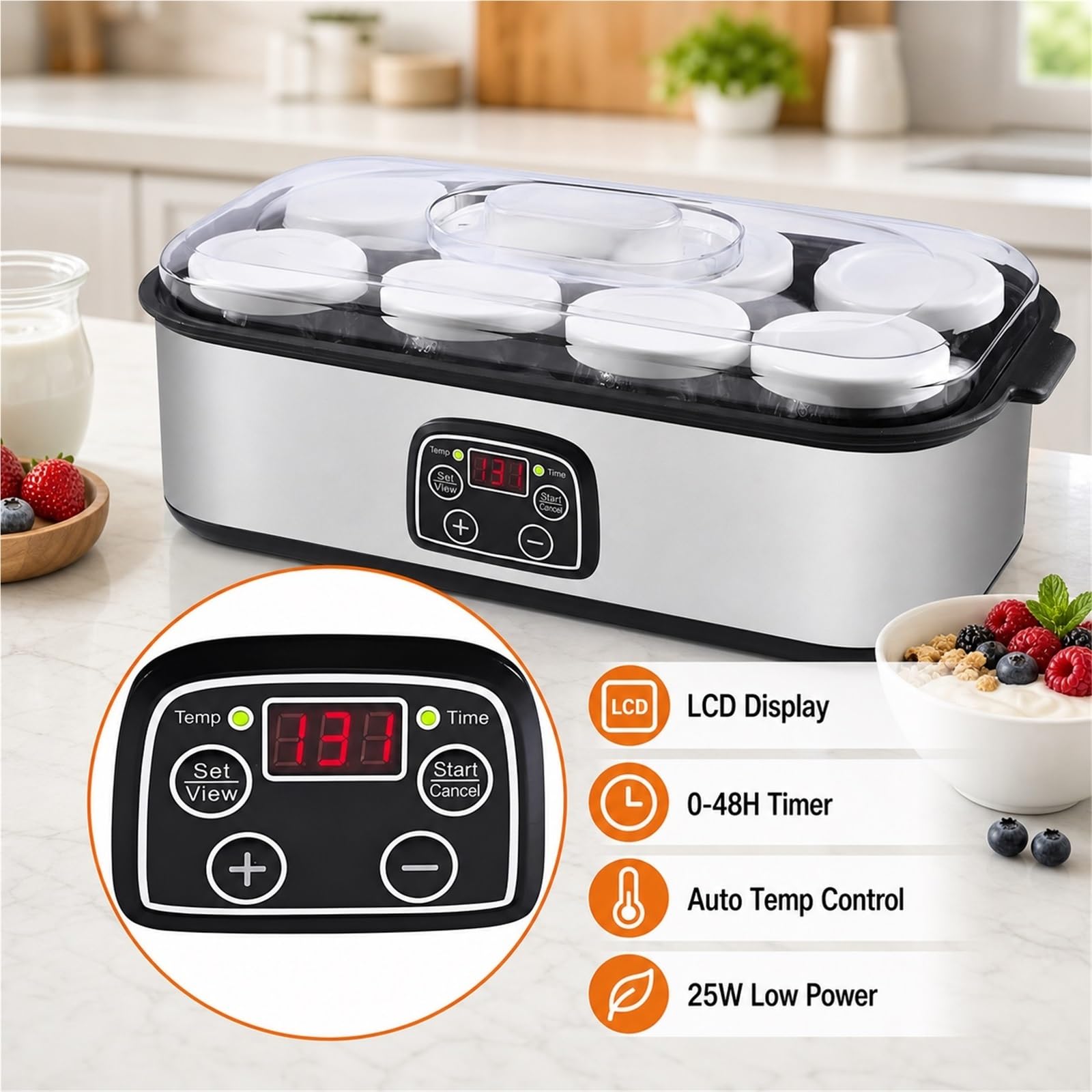 Yogurtiera Automatica con 8 Bicchieri In Vetro e Display Lcd | Finitura Argento, Preparazione Colazione Casalinga, Timer 0-48 Ore, 180 Ml X 8 Tazze, Funzionamento a 25 W
