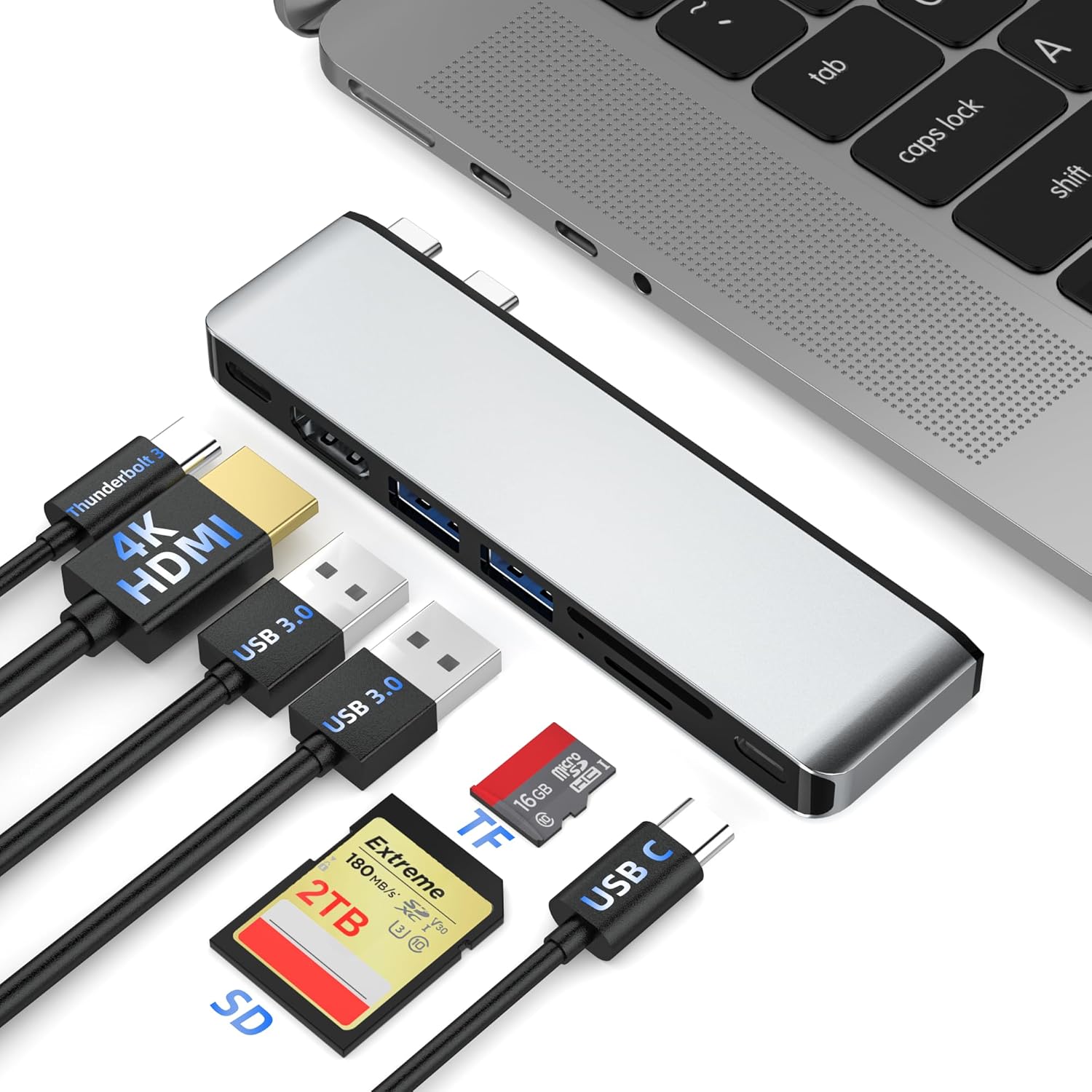 USB C Hub Adapter for MacBook Pro/Air, 7-in-2 MacBook Accessories with 4K@60Hz HDMI, Thunderbolt 4, USB C & 2 USB A 3.0, SD/TF Card Reader, for MacBook Pro/Air M5/M4/M3/M2/M1 2018-2025 13" 15" 16"