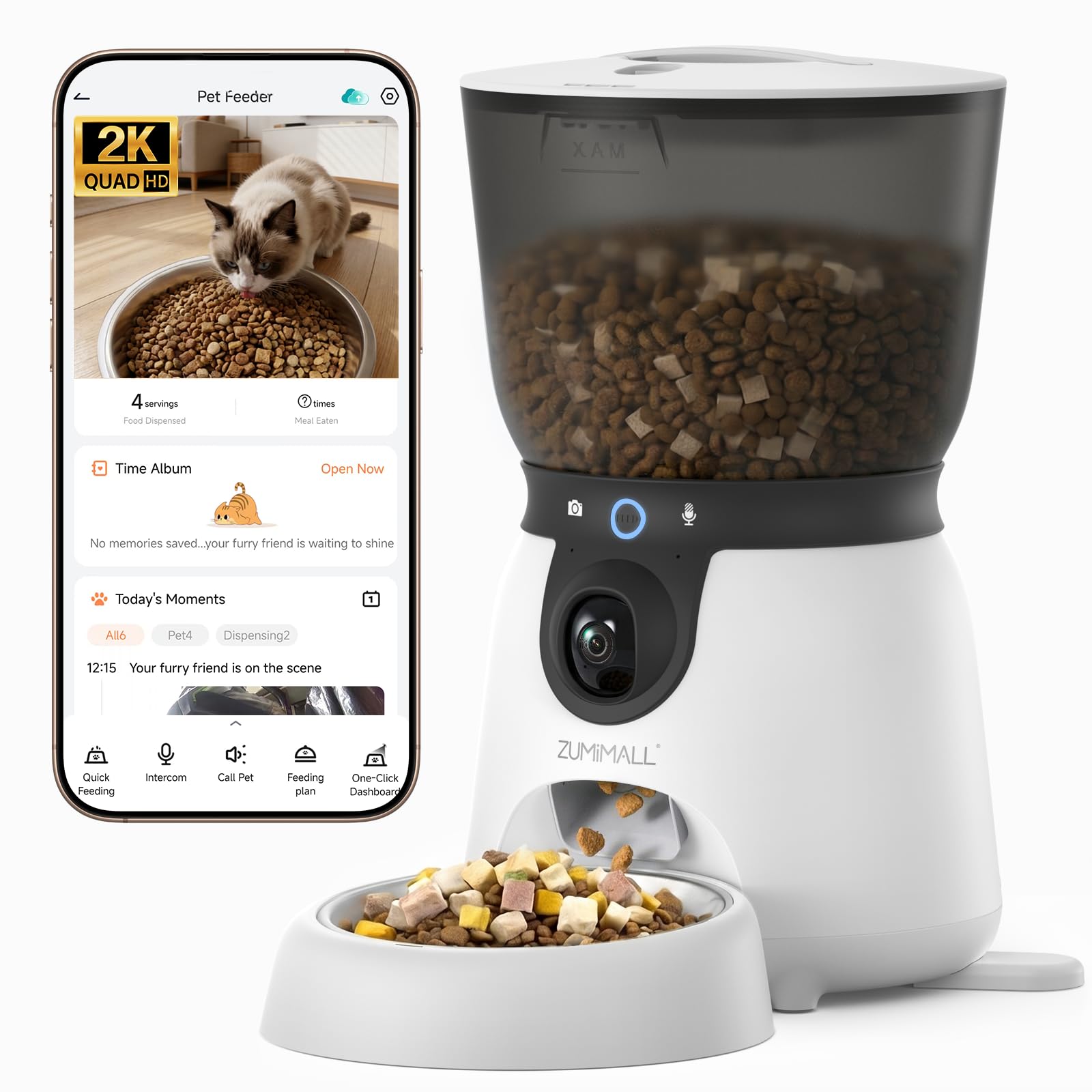 ZUMIMALL Automatic Pet Feeder with 2K Camera, 2.4G/5G Dual-Band WiFi Cat Feeder with 167° Wide View to See Bowl, Smart Dog Food Dispenser with AI Bark/Meow Alert, Self-Fixing Clog-Free, 4L