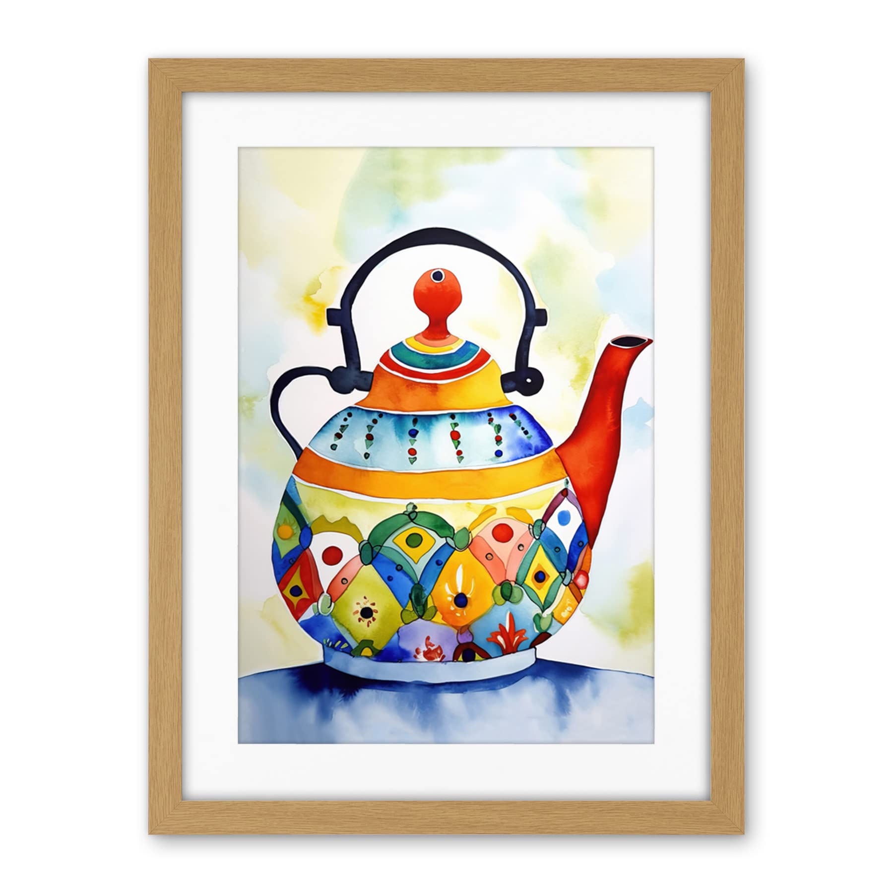 Artery8 Enamelled Patterned Teapot Tea Kettle Folk Art Watercolour Painting Artwork Framed Wall Art Print 18X24 Inch