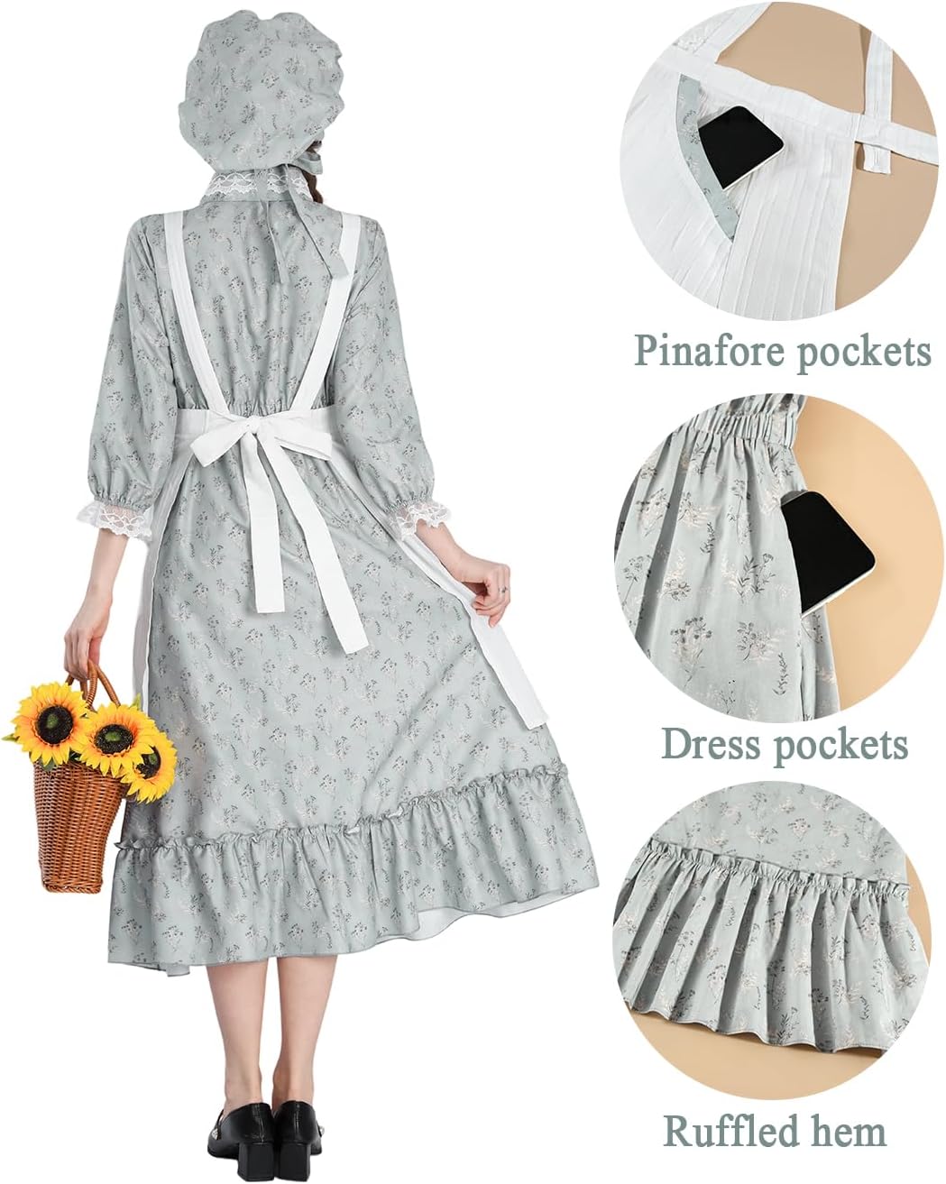 CR ROLECOS Womens Pioneer Dress Floral Prairie Dresses Lace Pilgrim Colonial Costume