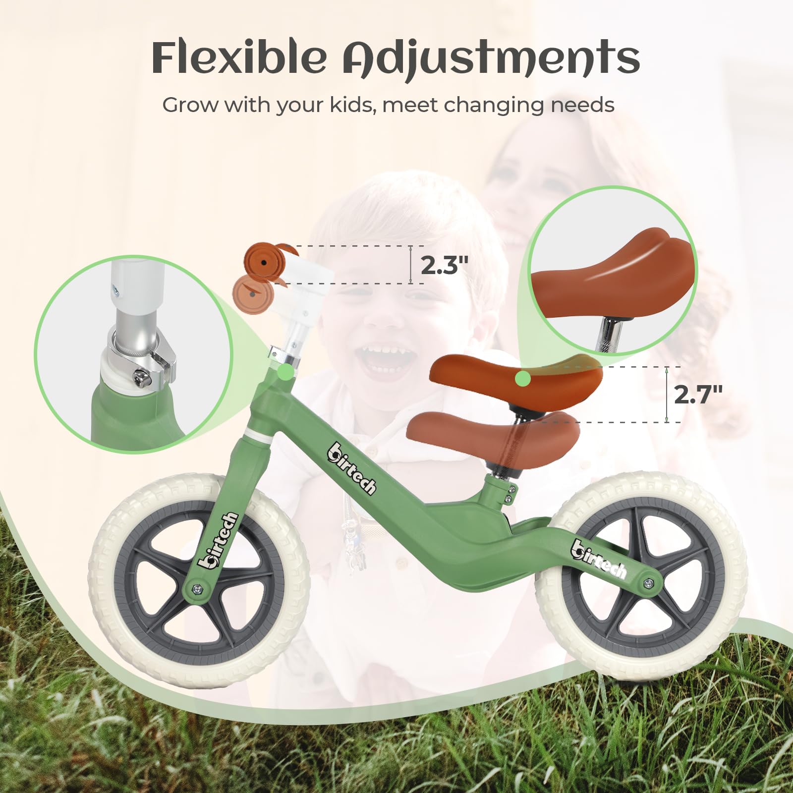 H.yeed Bicicletta di equilibrio da 12" per bambini, leggera senza pedali con telaio in nylon e pneumatici antiforatura, bicicletta da allenamento regolabile per età 3-6 anni