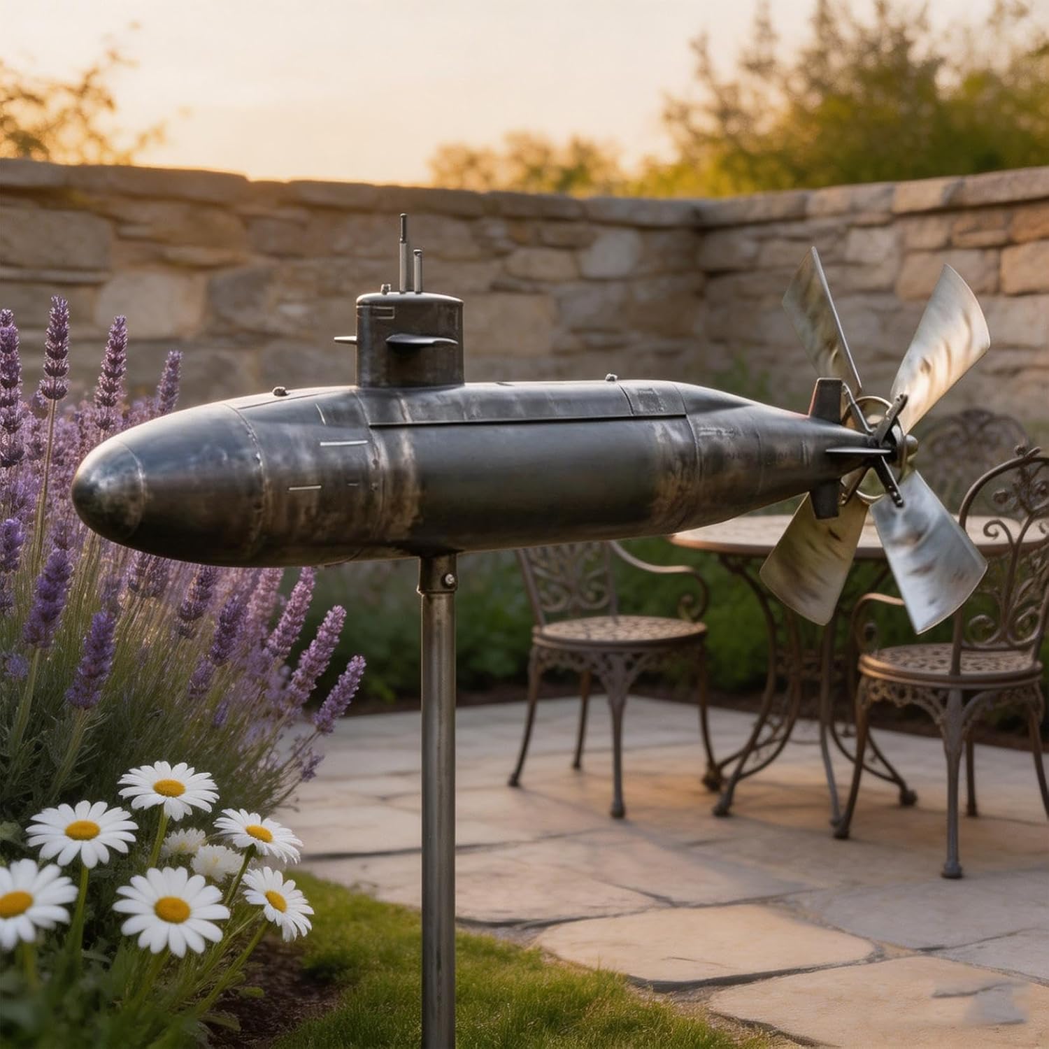 Metal Submarine Wind Spinner - 32" Submarine Windmill, Outdoor Garden Yard Decor, Wind Motion Sculpture with Rotating Blades