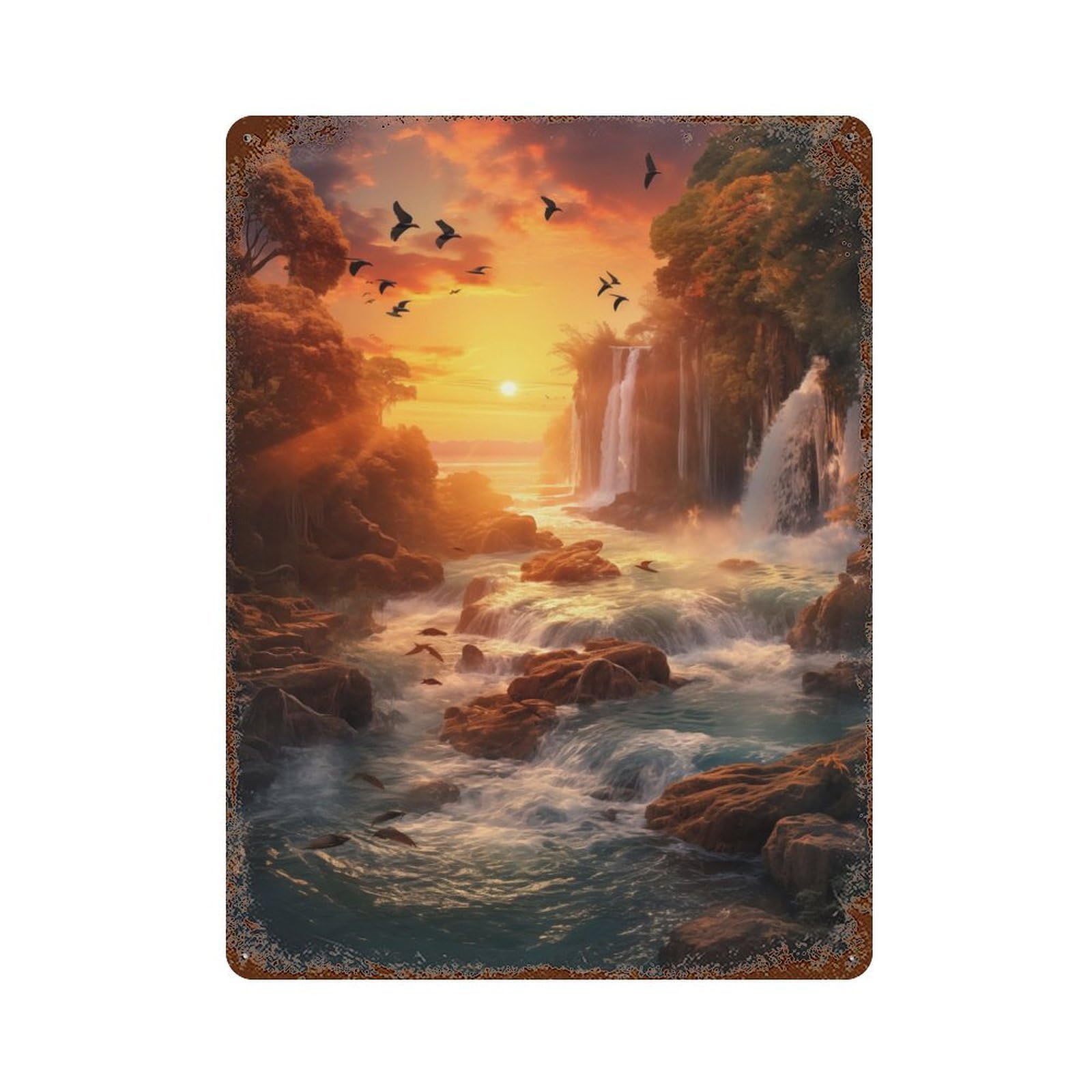 Waterfall in Sunset Vintage Rust Metal Sign 15.7"x11.8", Classic Wall Plaque for Basement, Hobby Room And Garage Decor