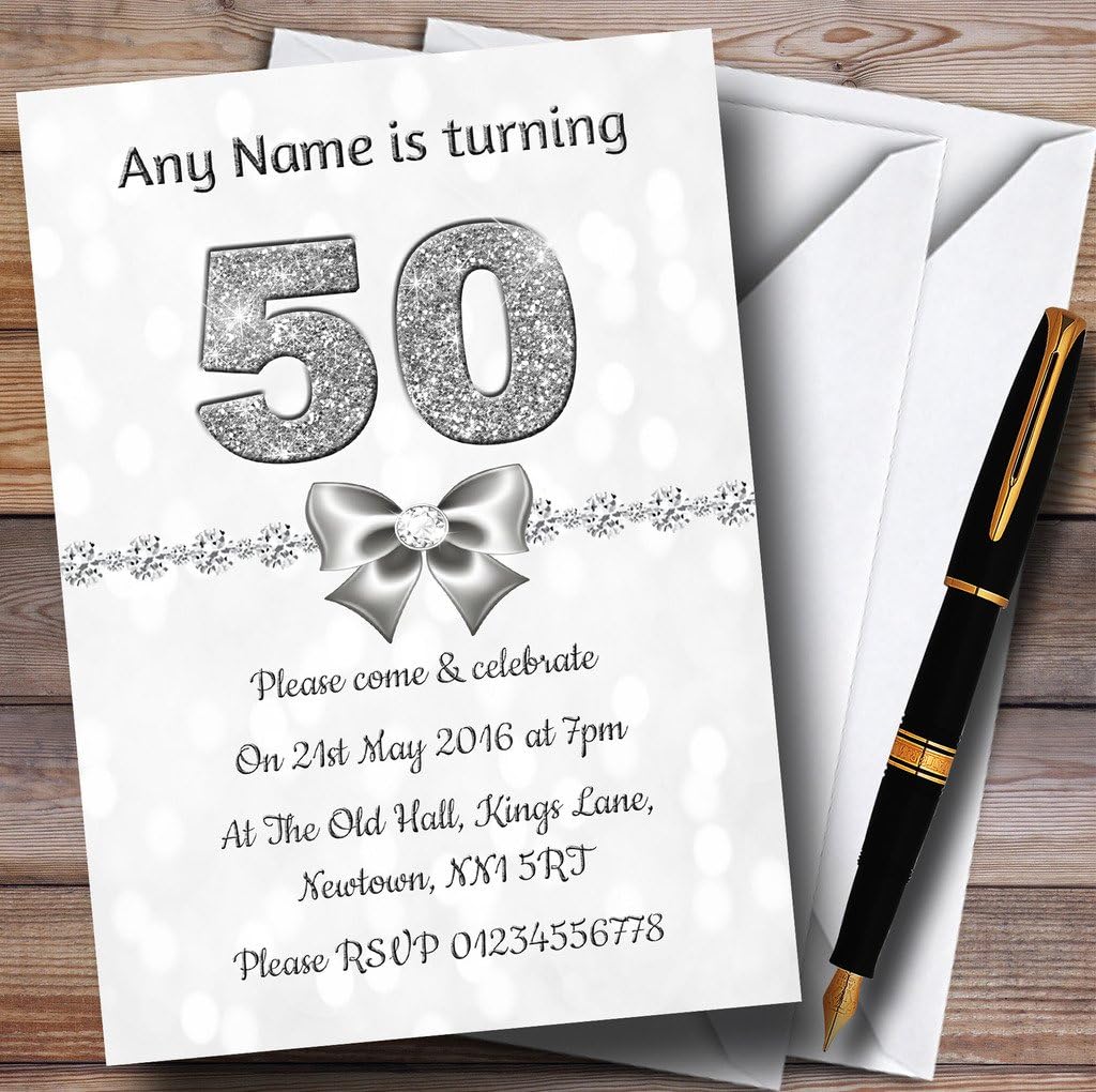 White Bokeh & Silver Glitter Look 50Th Personalized Birthday Party Invitations