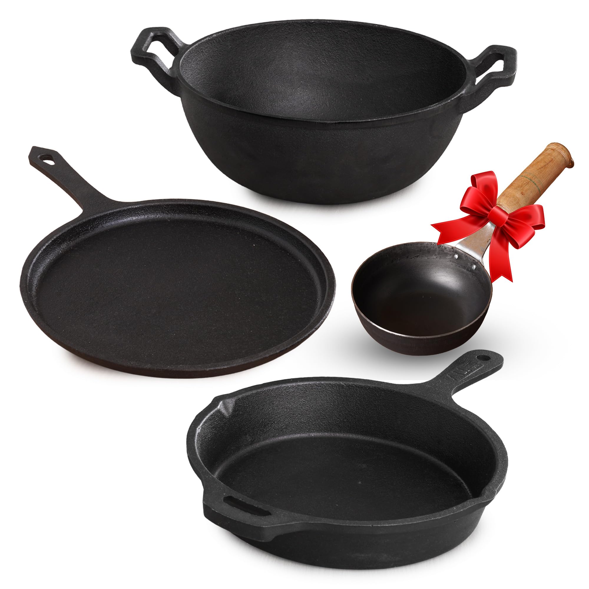 The Indus Valley Pre-Seasoned Cast Iron Cookware Set + Free Tadka Pan | Tawa (25.7cm)+Kadai (25.4/3.2L)+Fry Pan (25cm/1.6L) | Kitchen Cooking Combo Pots and Pans Set of 3Pc | Naturally Nonstick Black-picture-19