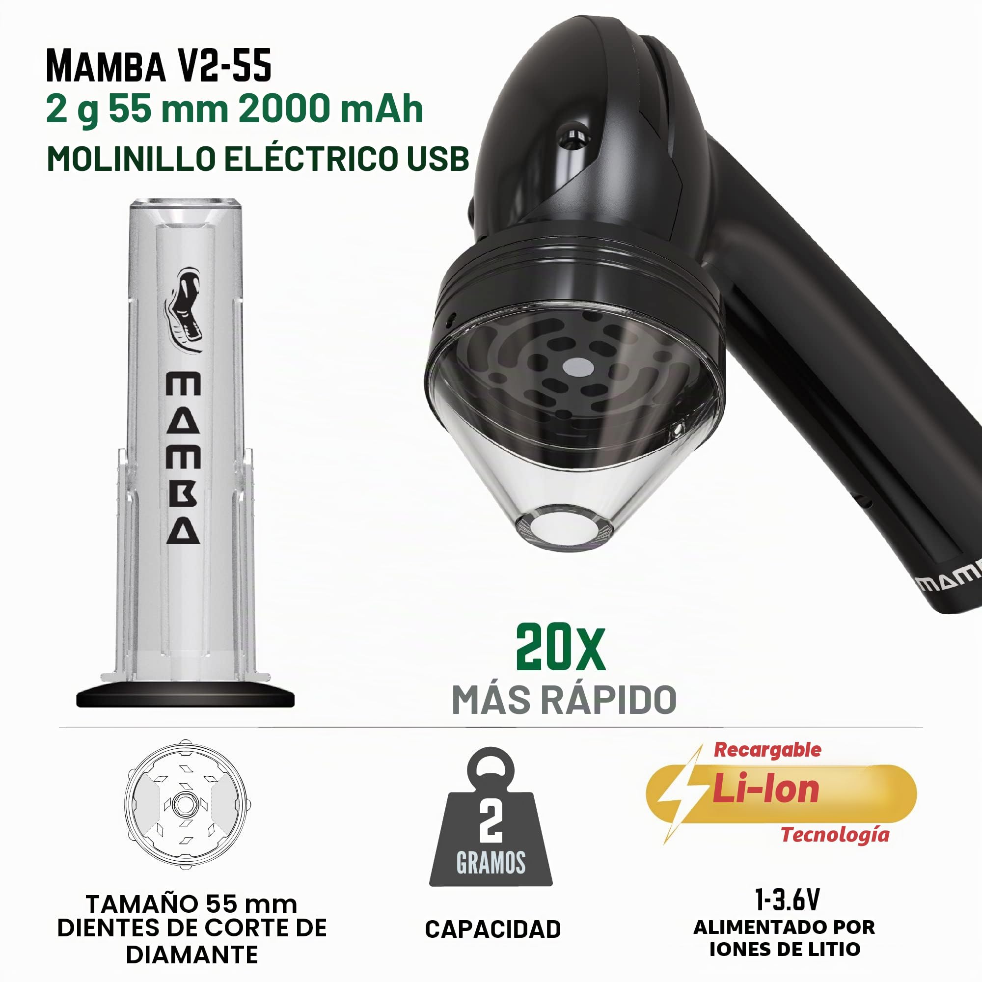 Molinillo de Hierbas Eléctrico Mamba Loader XL V2-55, USB Recargable Automático con Molienda Rápida y Cabeza de Aleación de Aluminio, incluye Sistema de Contención de Hierbas y Especias (Negro)