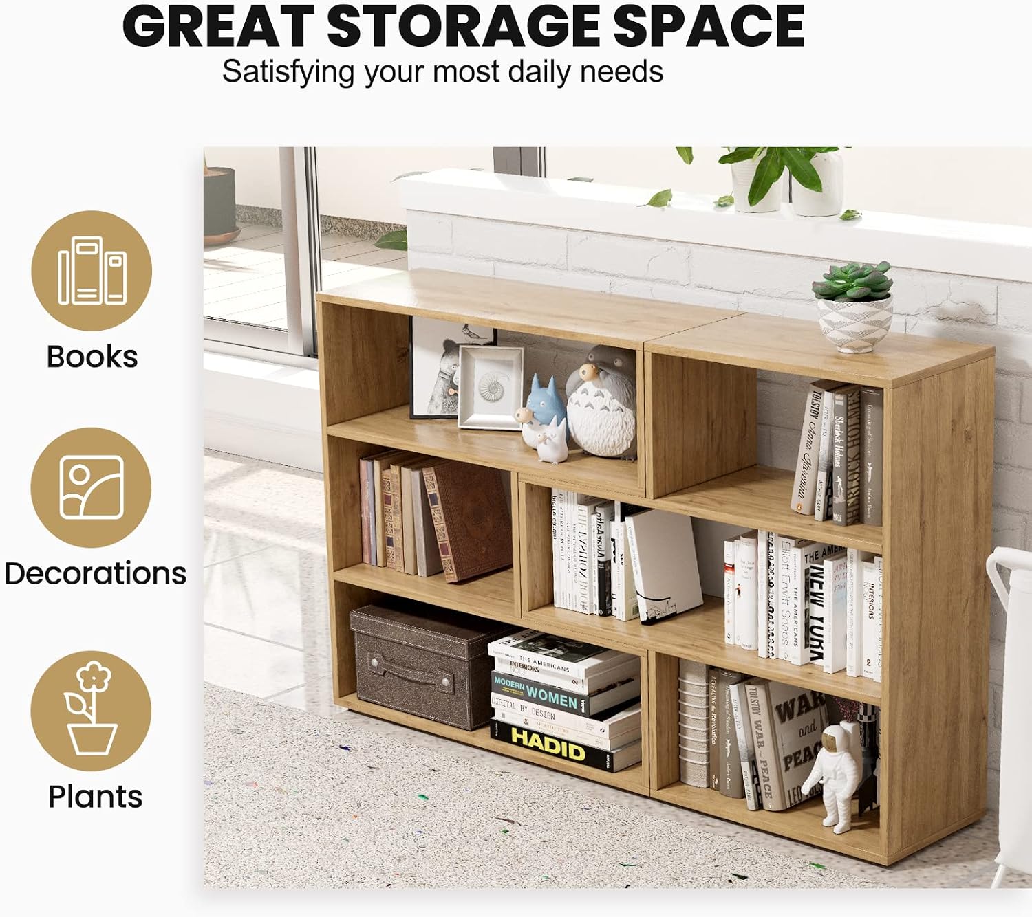 Graphic illustrating the storage capabilities of the bookcase for books, decorations, and plants.