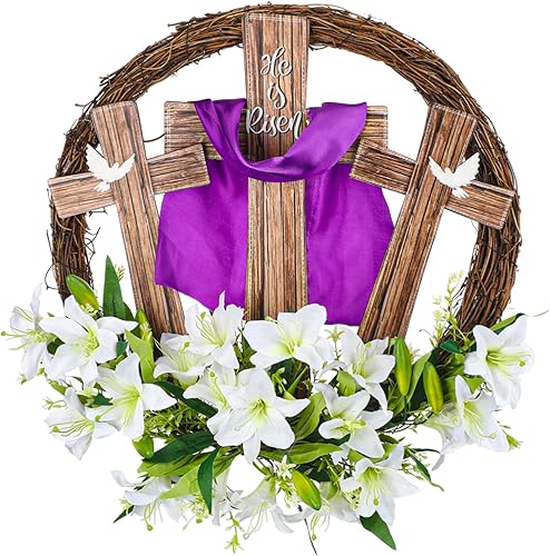 Corona de Pascua con cruz para puerta, decoración de corona de madera con texto en inglés "He is Risen", decoración de puerta floral cristiana de
