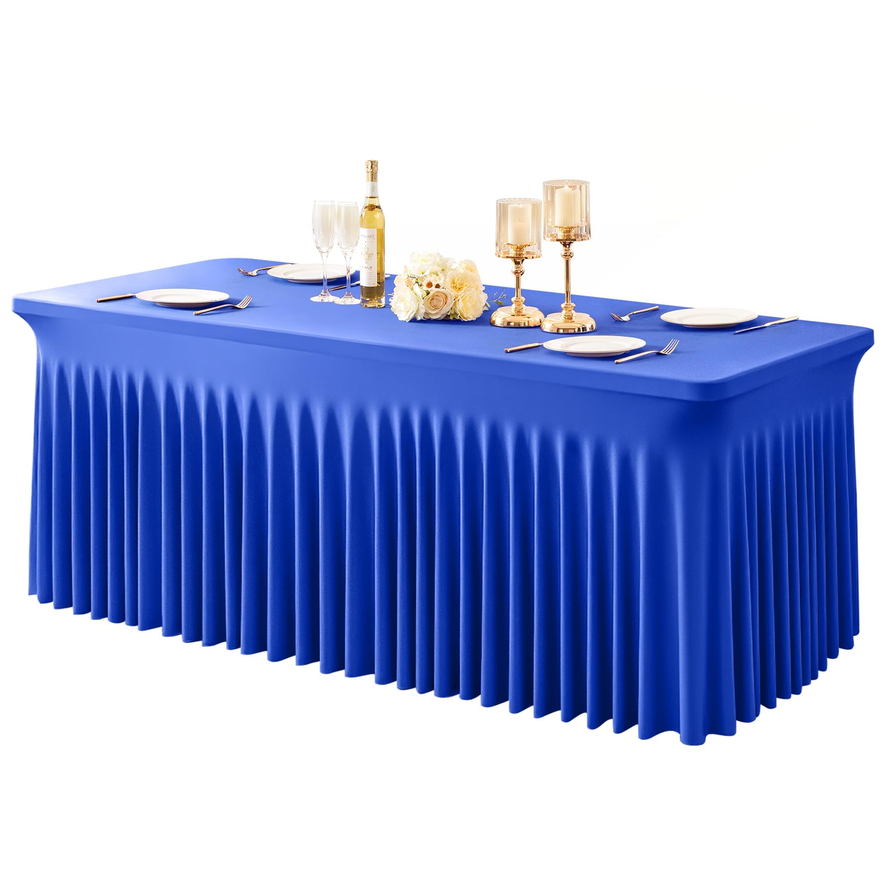 Photo 1 of 1 Pack Royal Blue Table Clothes for 6 Foot Rectangle Tables, One-Piece Wrinkle Resistant Stretch Spandex Table Covers with Skirt for Event Banquet Wedding Birthday Party