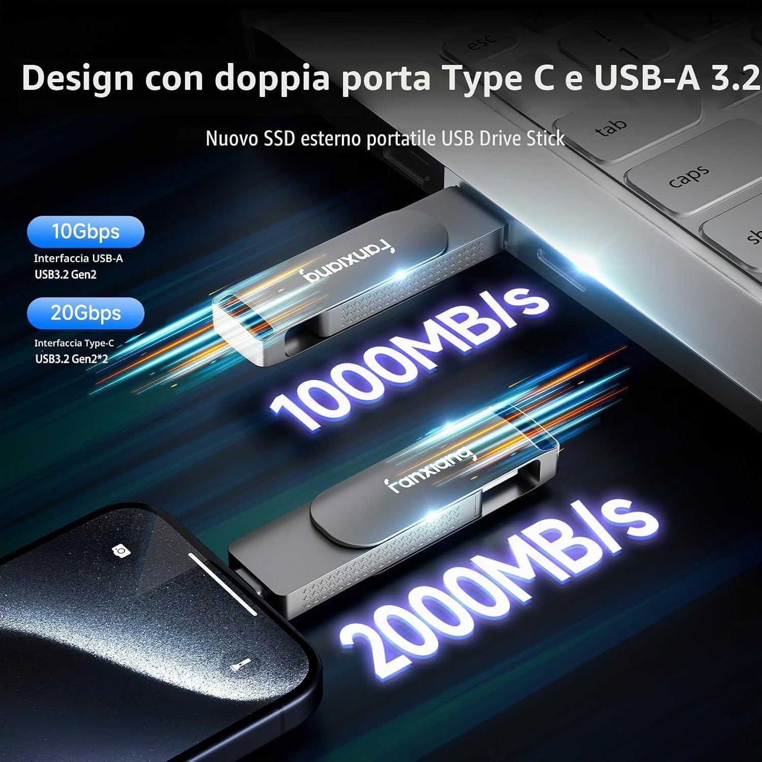 fanxiang SSD esterno da 960GB fino a 2000MB/s - Type-C e USB A 3.2 Gen2 - SSD Esterno Portatile senza cavi Adatto per PC, laptop, Xbox e PS5 - FF951