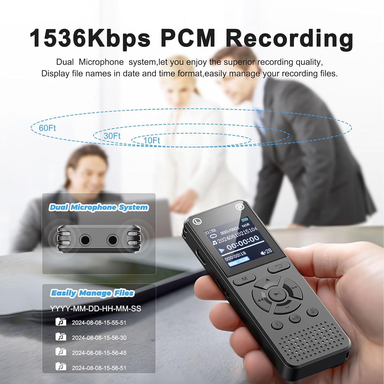 Enregistreur vocal numérique 160 Go avec lecture – Appareil d'enregistrement audio de 9999 heures pour entretiens de conférence, 3072 Kpbs HD double micro pour répétition A-B, lecteur MP3