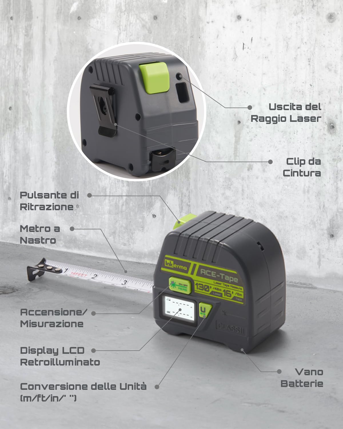 Metro a Nastro Laser 2-in-1, Inkerma Strumento di Misurazione Laser 130Ft/40m & Metro a Nastro 16Ft/5m, Misuratore Laser Digitale con Display LCD, Unità M/In/Ft/Ft+In, Nastro Auto-bloccante