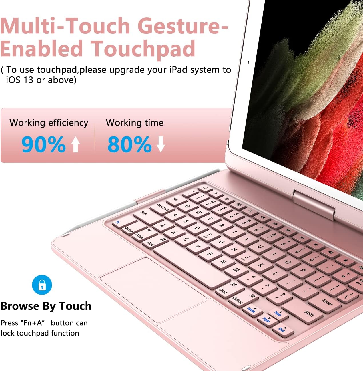 TQQ Touch for iPad 9th Generation Case with Keyboard (10.2", 2021), Multi-Touch Trackpad, 360° Rotatable Protective Cover for iPad Keyboard 9th/8th/7th Gen with Pencil Holder (Rose Gold)