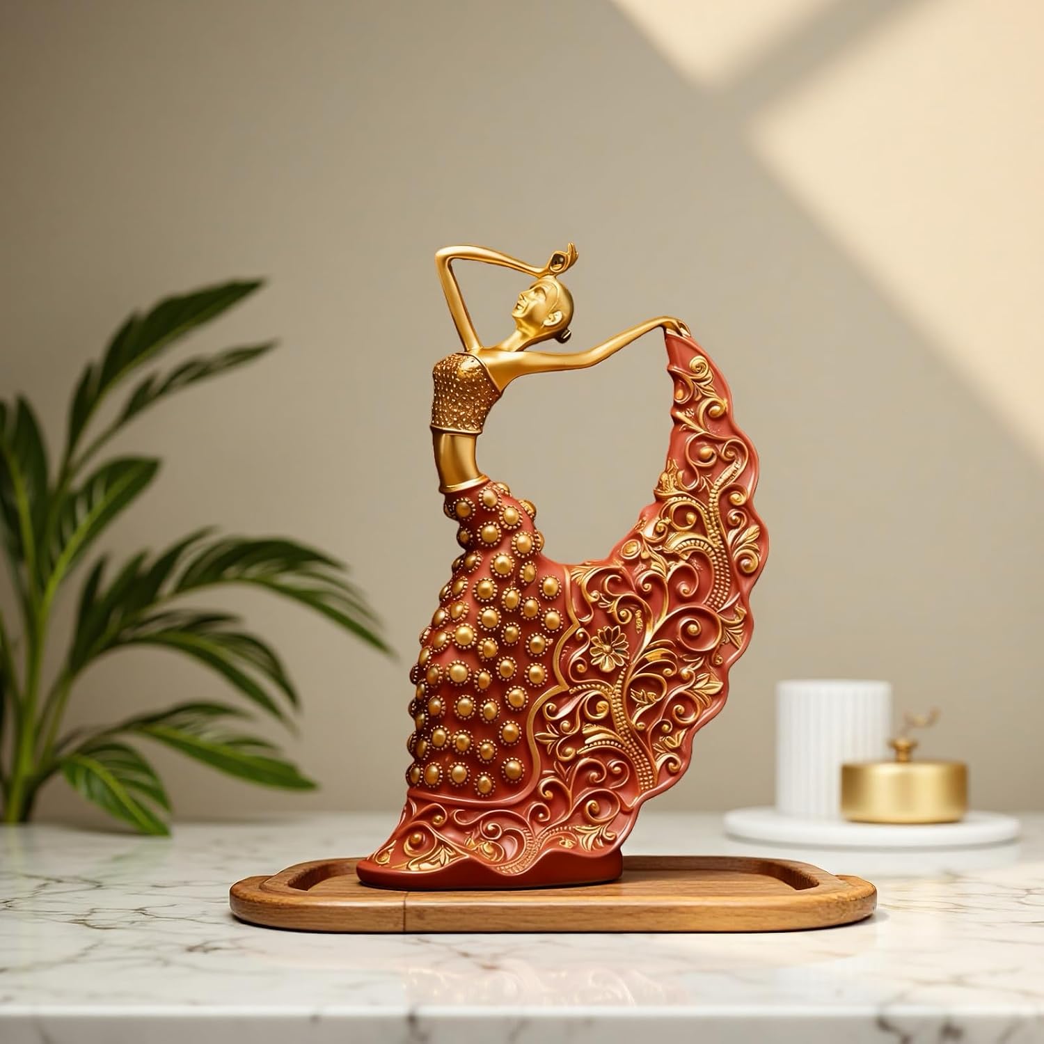 XINDAM Elegant Peacock Art Figurine Dancer Statue Decorative Home & Office Figurines Home Office Display Craft Living Room Decor Ornaments for Tabletop Red and Gold