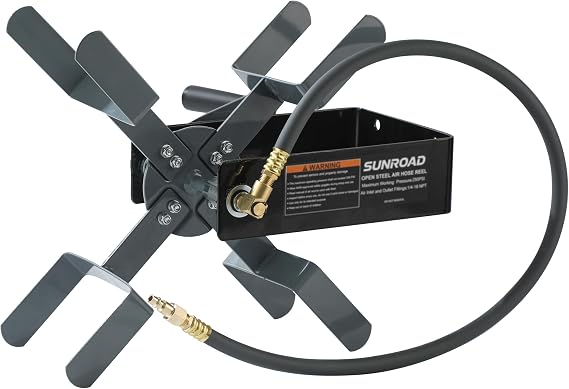 Manual Air Hose Reel with Hybrid Lead-in Hose, Heavy Duty Steel Wall Mount Hose Reel, Fits 100ft x 3/8 Hose, Hand Crank Hose Reel with 1/4 NPT 6-Ball Coupler, Brass Plug & Thread Seal Tape