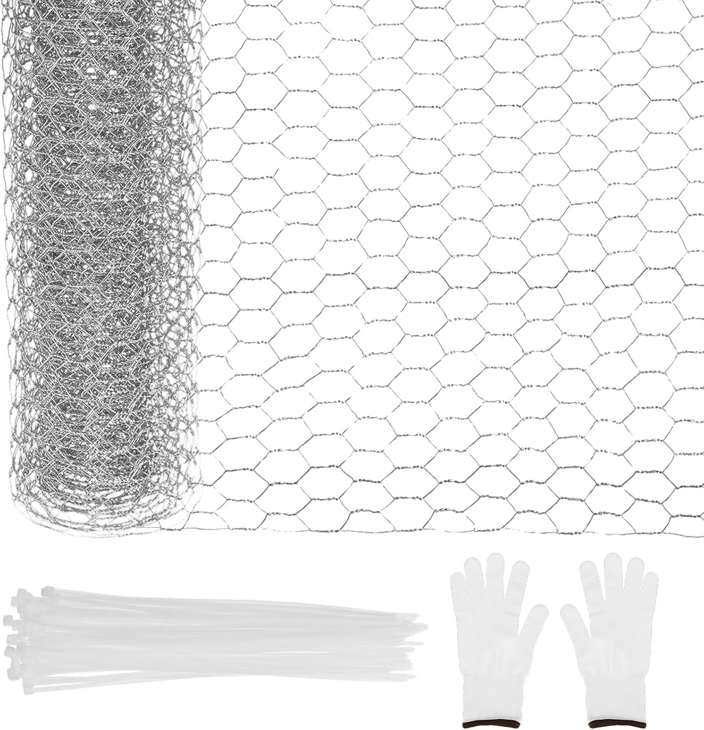 1-Set Chicken Wire Fencing, 13.8 in x 26.2 ft Galvanized Iron Hexagonal Chicken Wire Mesh with Gloves and Garden Ties for Poultry Netting/Garden/Plant Protection [Silver Tone]