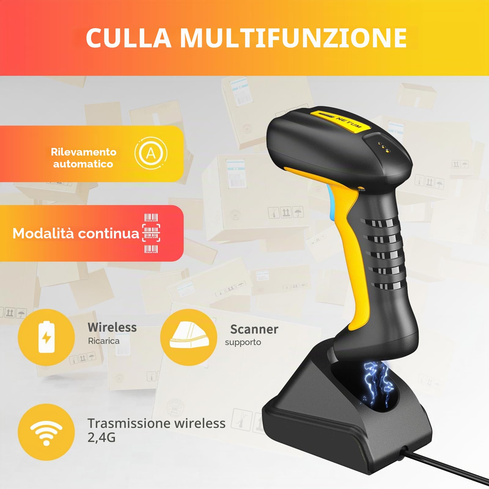 NETUM Scanner di codici a barre Bluetooth industriale QR aggiornato con dock di ricarica (NT-1202W)