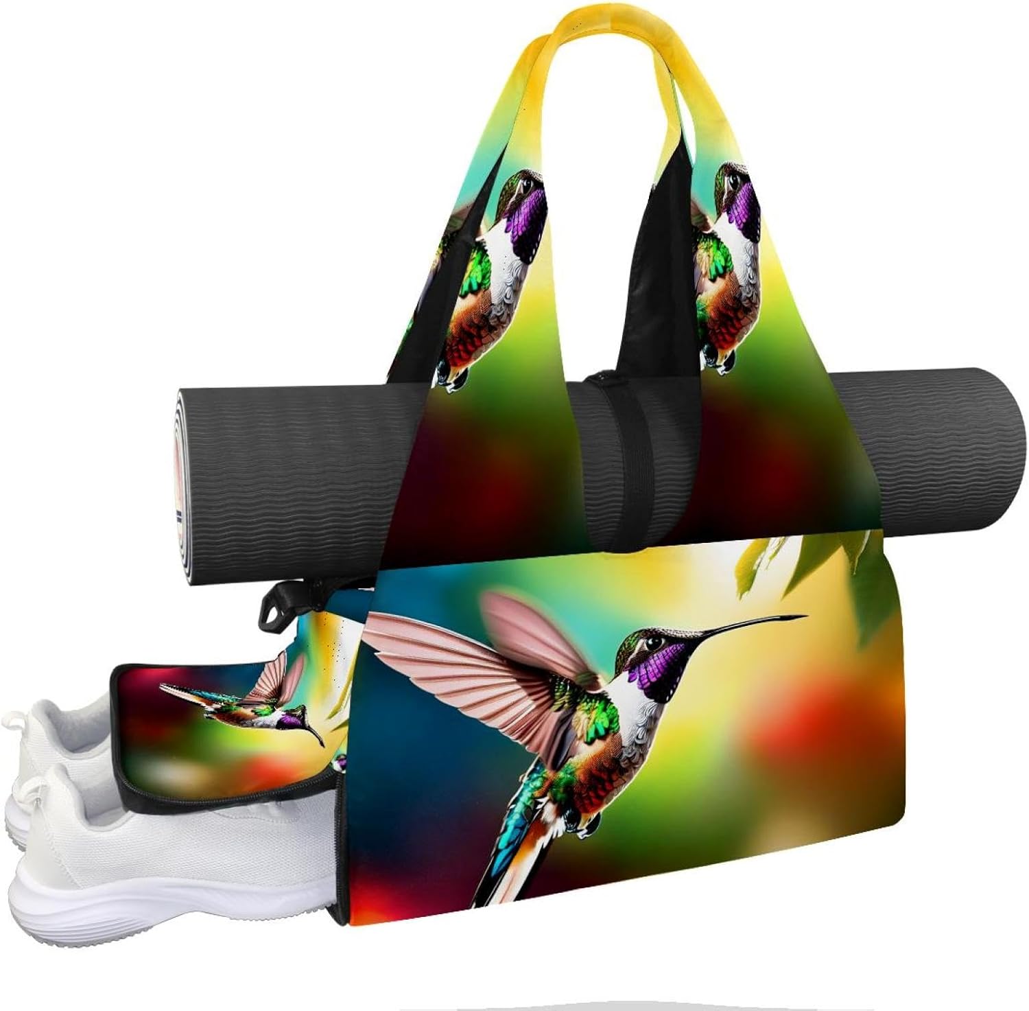 Yoga Mat Bag, Gym Workout Bag with Shoe Compartment, Hummingbird Flower Pilates Bag for Women, Quick Access Storage Yoga Tote Bag for Sports Travel Office