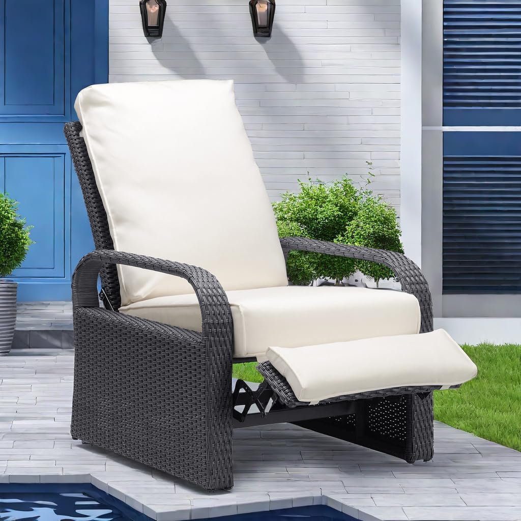 ATR ART TO REAL Reclining Garden Chair with Aluminium Frame,3 Adjustable Position Backrest Garden Sun Loungers Rattan Recliner Armchair,15cm Thickness Cushion,Grey Wicker+Beige Cushion