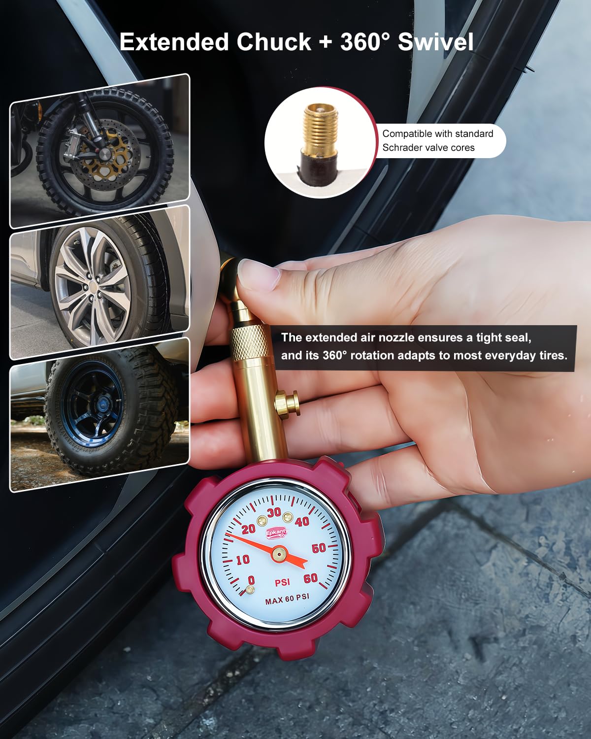 Tire Pressure Gauge – 5–60 PSI Analog Gauge with Pressure Hold, Extended Sealing 360° Swivel Chuck & Dual Protective Shell – Fits All Standard Valve Stems