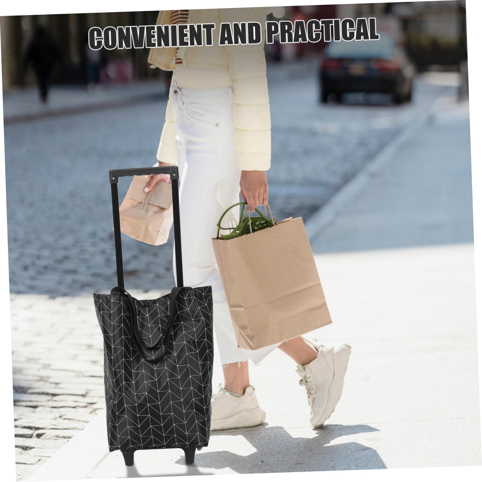 Lekki składany wózek spożywczy z kółkami – przenośny wózek na zakupy do artykułów spożywczych i na zewnątrz – elegancki czarny design dla łatwego transportu