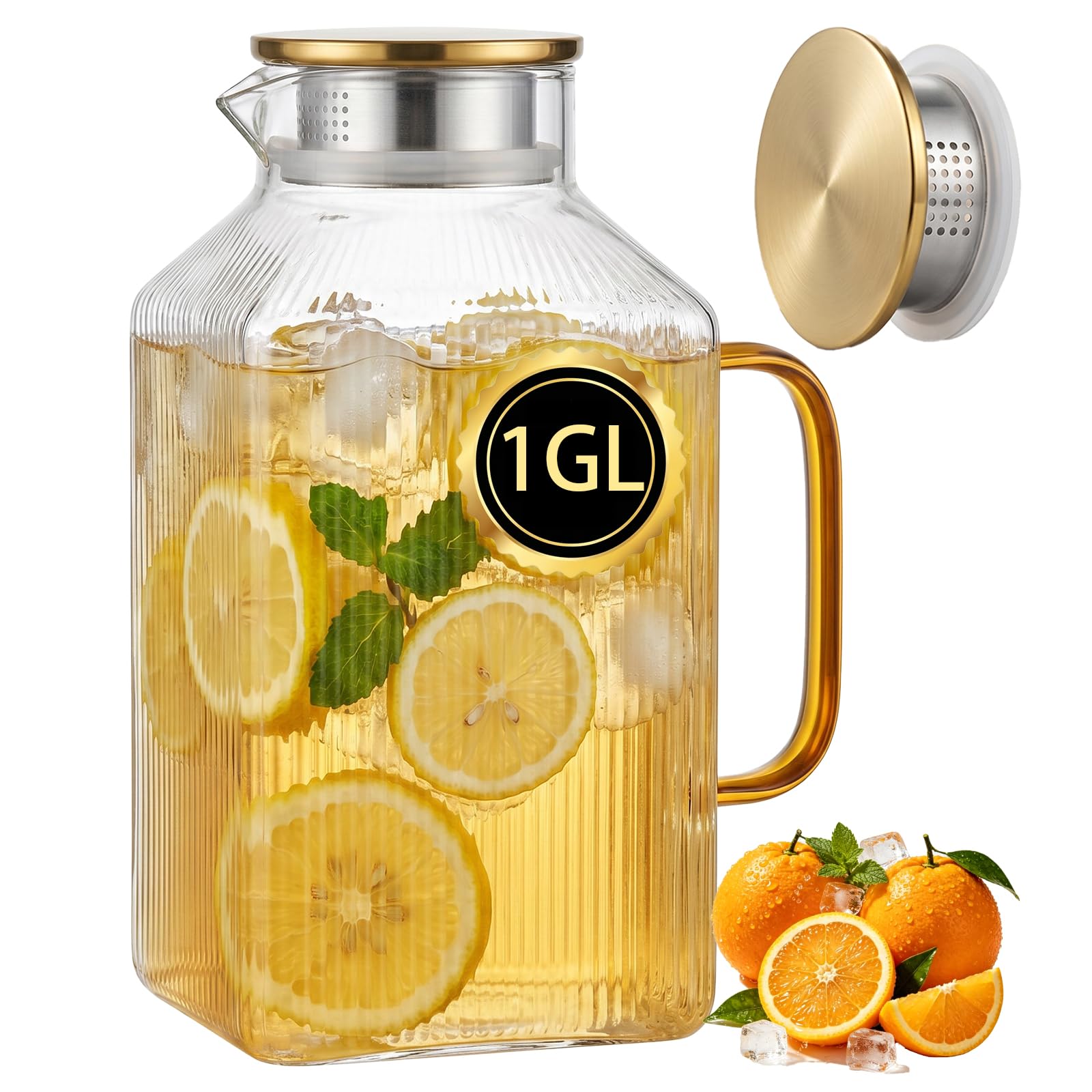 Photo 1 of 1 Gallon Glass Pitcher with Lid and Filter, Ribbed Beverage Pitcher with Gold Handle for Refrigerator, Iced Tea, Juice, Sangria & Homemade Drinks
