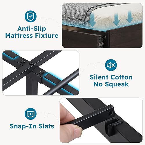 Miniatura 7 de Base de cama de tamaño matrimonial con cabecero, plataforma LED con 4 cajones de almacenamiento, estación de carga integrada, sin ruido, base de