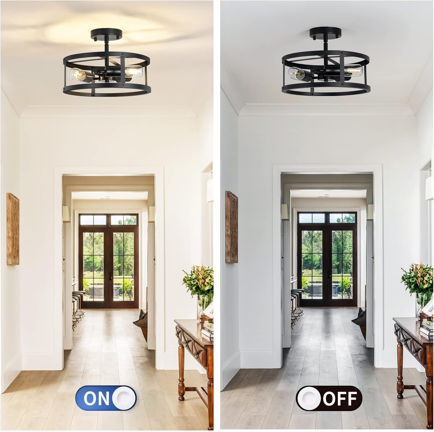3-Light Semi Flush Mount Ceiling Light, Farmhouse Black Metal Cage Fixture, Industrial Lighting for Kitchen Foyer Hallway Entryway 2 Pack