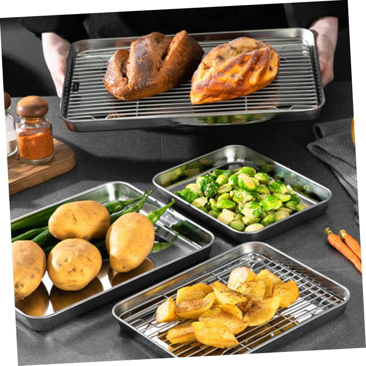 2 Sätze Stainless Steel Backblech Set mit Gitterrost Teiliges Backform Set für Vielseitiges Kochen für Gesunde Zubereitung Grillen