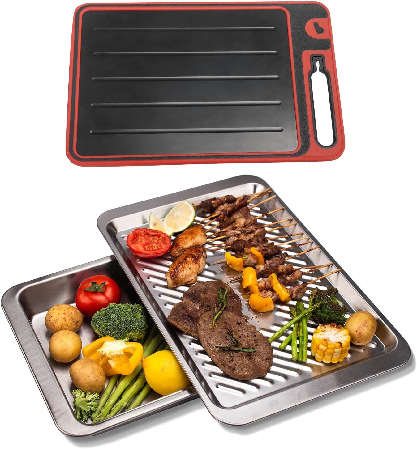Grilling Prep and Serve Trays, Set of 3 Stackable Stainless Steel BBQ Trays with Cutting Board, Deep Marinating Container, Serving Platter for Plating Food, BBQ Prep Tub for Marinating Meats