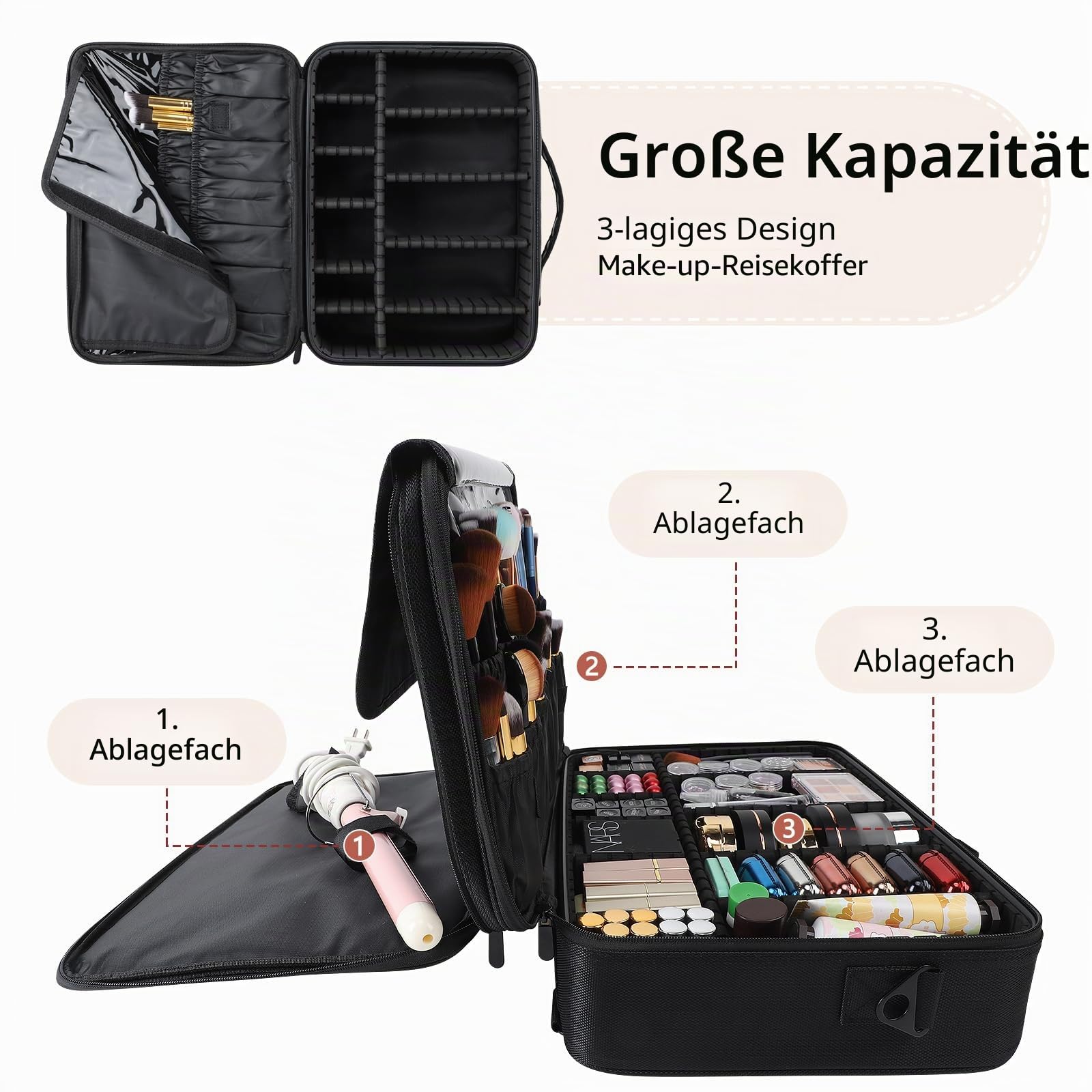 GZCZ Kosmetiktasche Kosmetikkoffer, 3 Lagen Große Kapazität Professionelle Make Up Organizer, wasserdichte Reise Portable Schminkkoffer mit Einstellbaren Teilern und Riemen für Frauen, 16,5"