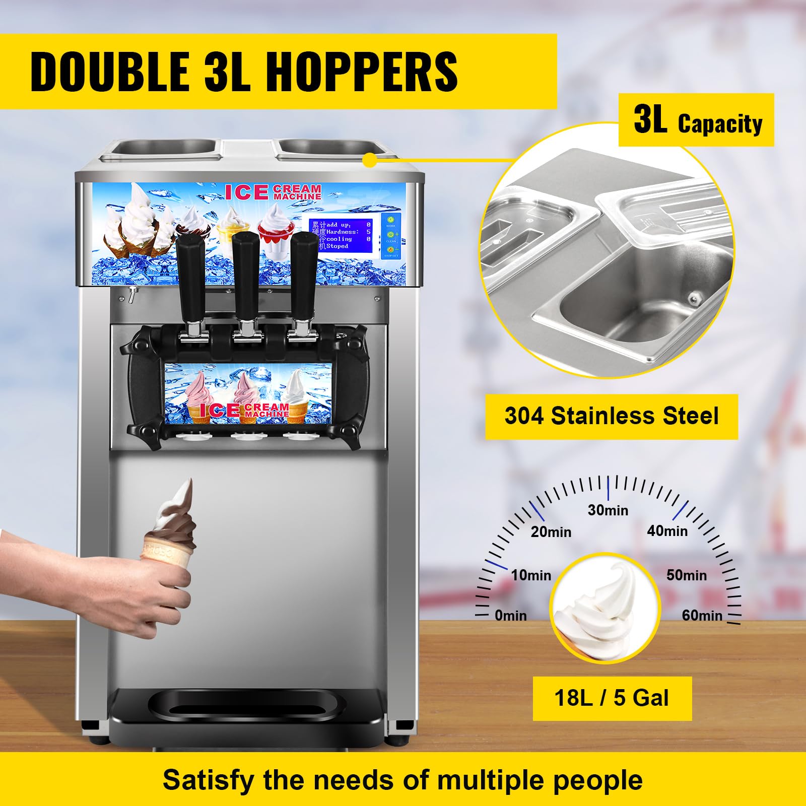 1200W Máquina de Helados Soft, Heladera Comercial 18L/5Gal, 3 Sabores, Ideal para Cafeterías, Buffets, Tiendas de Bebidas y Restaurantes