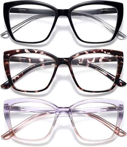 Reading Glasses for Women, 3 pack Fashion Oversized Blue Light Readers for Women, Spring Hinge Cat Eye Glasses Anti Eyestrain (A1 Black Tortoiseshell Purple, 150)