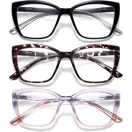 Reading Glasses for Women, 3 pack Fashion Oversized Blue Light Readers for Women, Spring Hinge Cat Eye Glasses Anti Eyestrain (A1 Black Tortoiseshell Purple, 1.50)