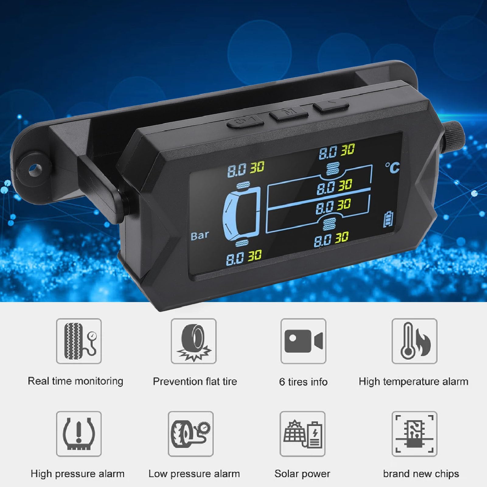 Akozon di Monitoraggio della Pressione dei Pneumatici Carica Solare TPMS con 6 Sensori per Camion RV Monitoraggio in Tempo Reale della Pressione e della Temperatura (15 Bar)