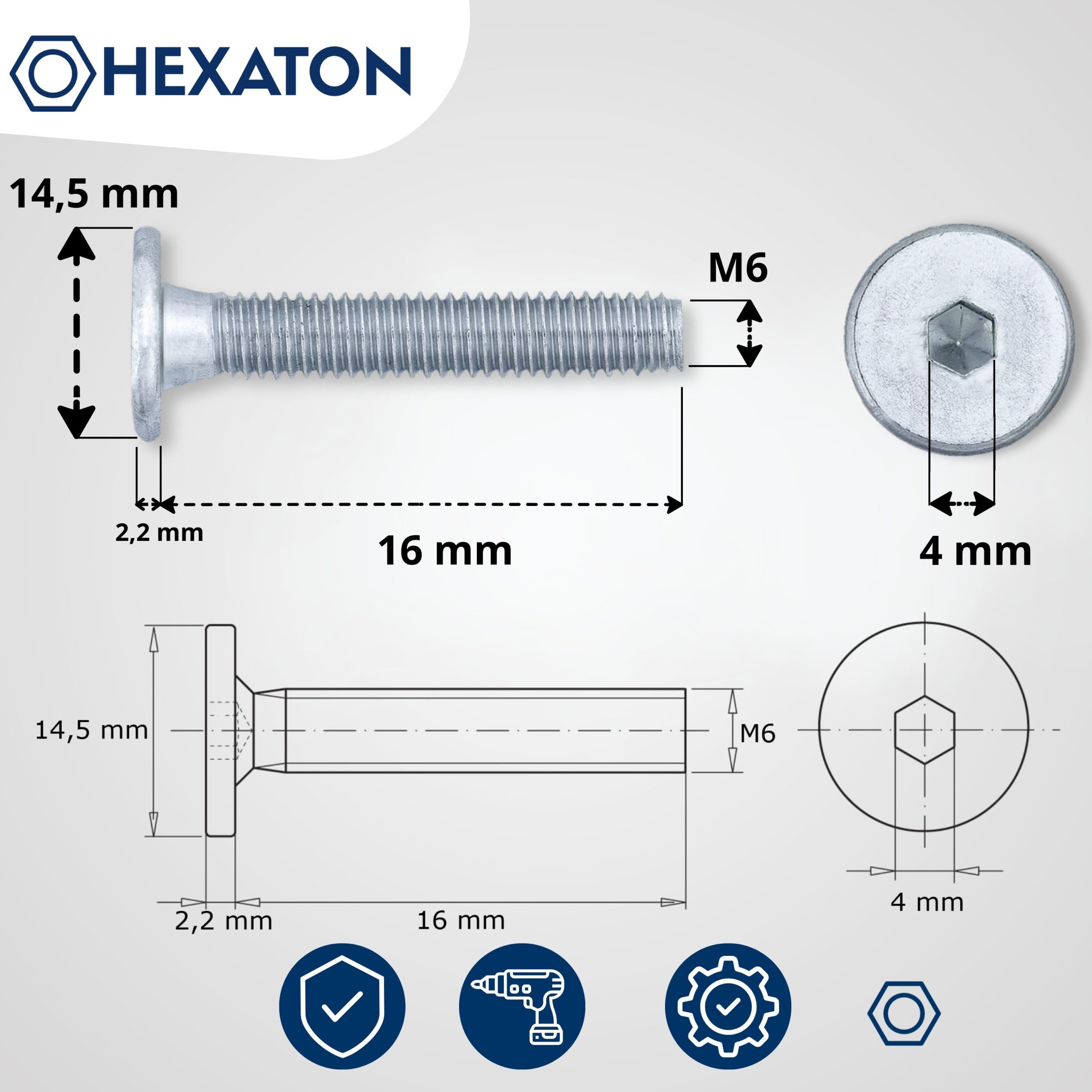 HEXATON Flat Head Furniture Screws Hex Drive Socket Metric Thread M6 x ...